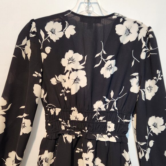 Monteau Black White Floral Print Day Dress w/Elastic Gathered Waist- Small - Picture 10 of 12
